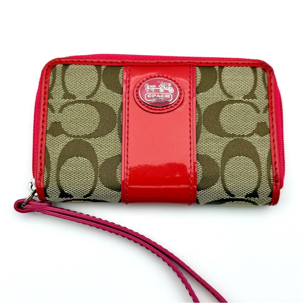 Coach Canvas Wristlet Clutch Logo Wallet Signature Red Beige Jacquard Monogram